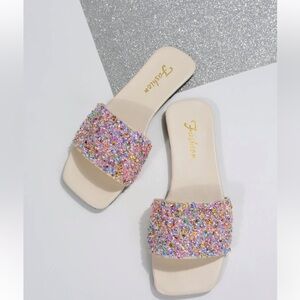 Rhinestone Decor Sequins Flat Open Toe Slide Sandals